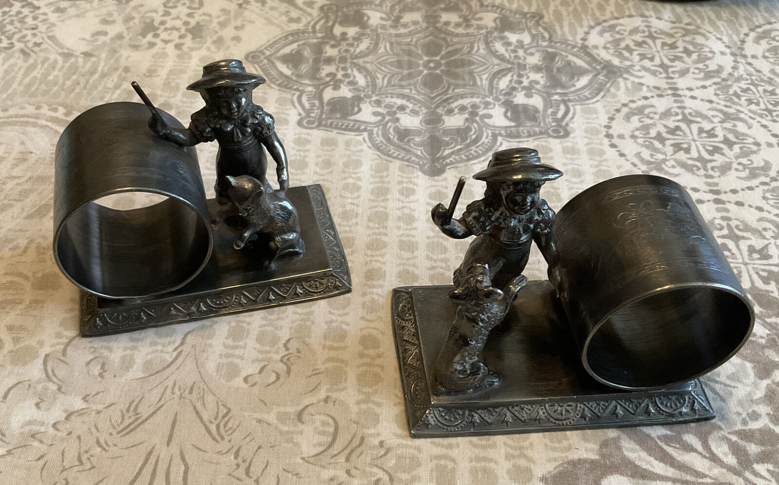 Kate Greenaway girl with stick. Dog & Cat figural napkin rings. Babcock 207 & 208 respctively.
